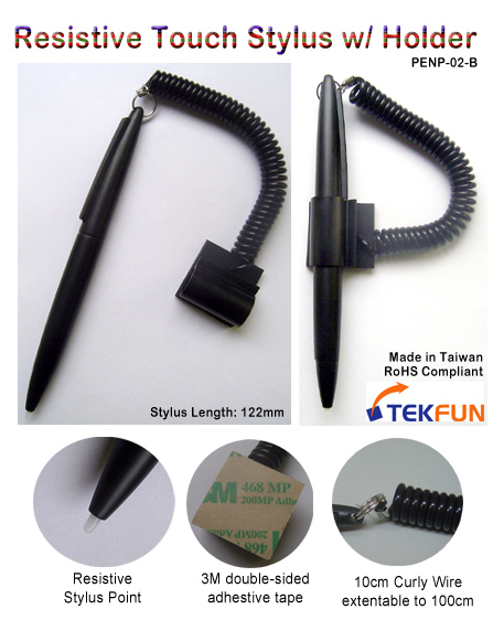 PDA Resistive Plastic Touch Stylus with adhesive holder and curly wire